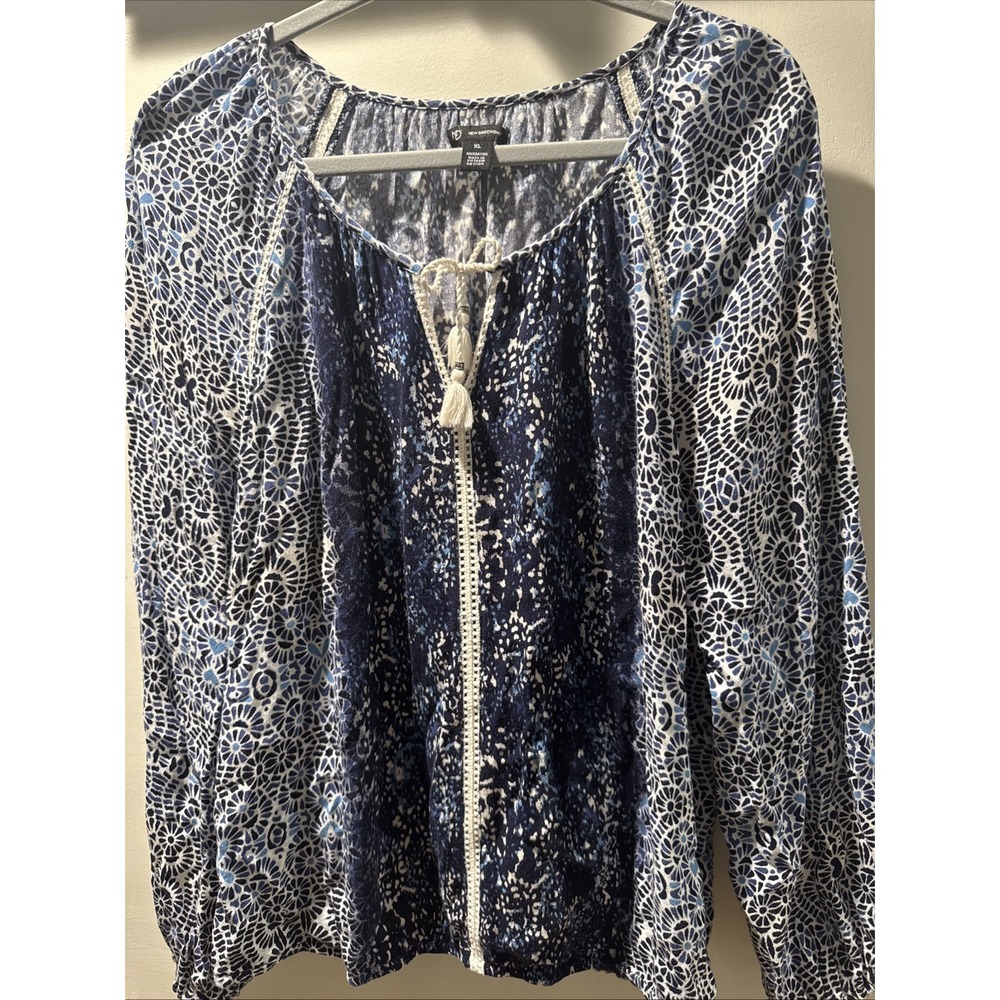 New Directions Tunic Women’s XL Blue And White Floral Elastic Waist Tassel 70’s
